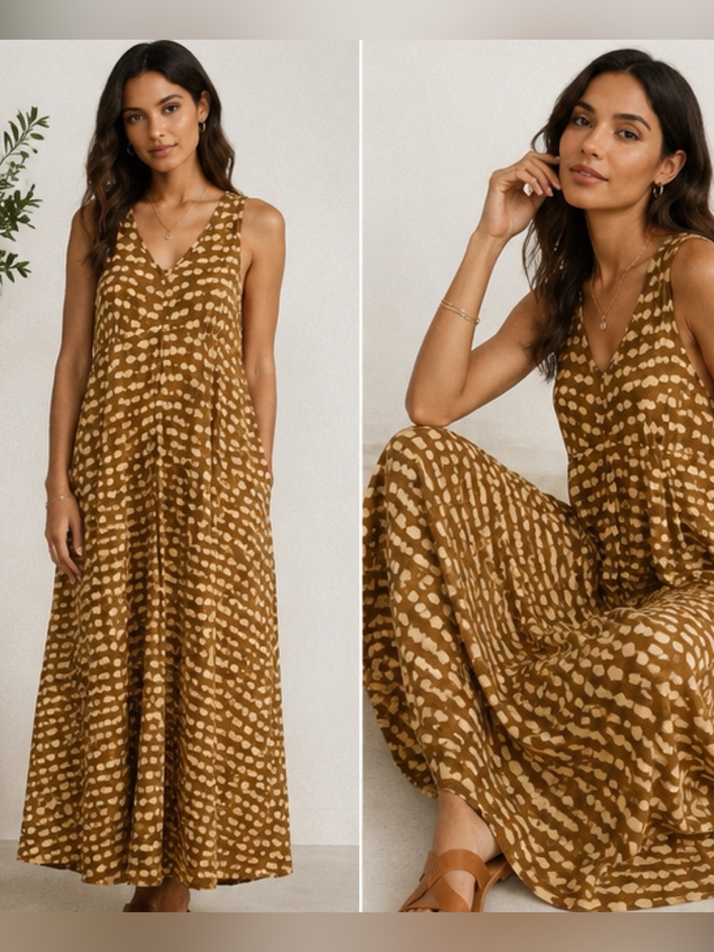 Vintage Tan & Brown Sleeveless Button Down Front Dress